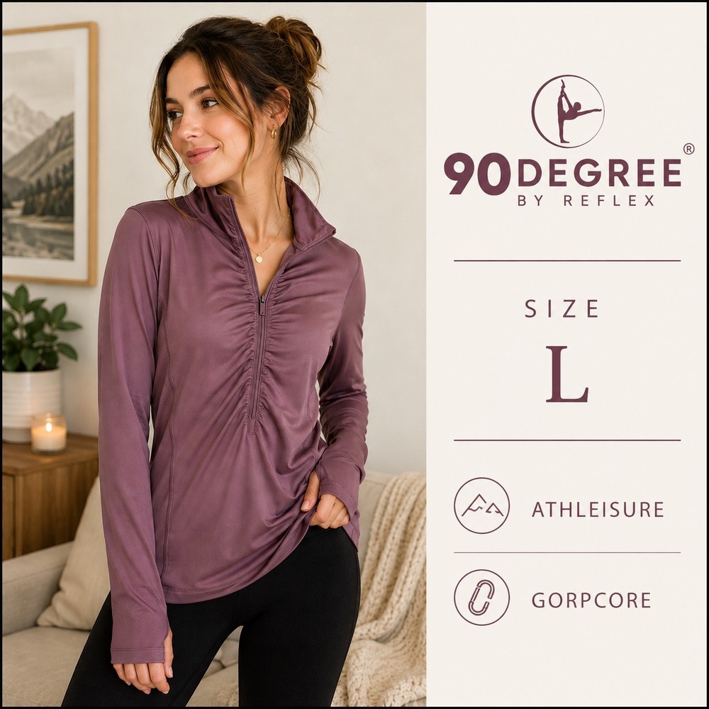 90 Degree by Reflex Pullover Women L Mauve Solid Athletic Modern Ruched Zip Top